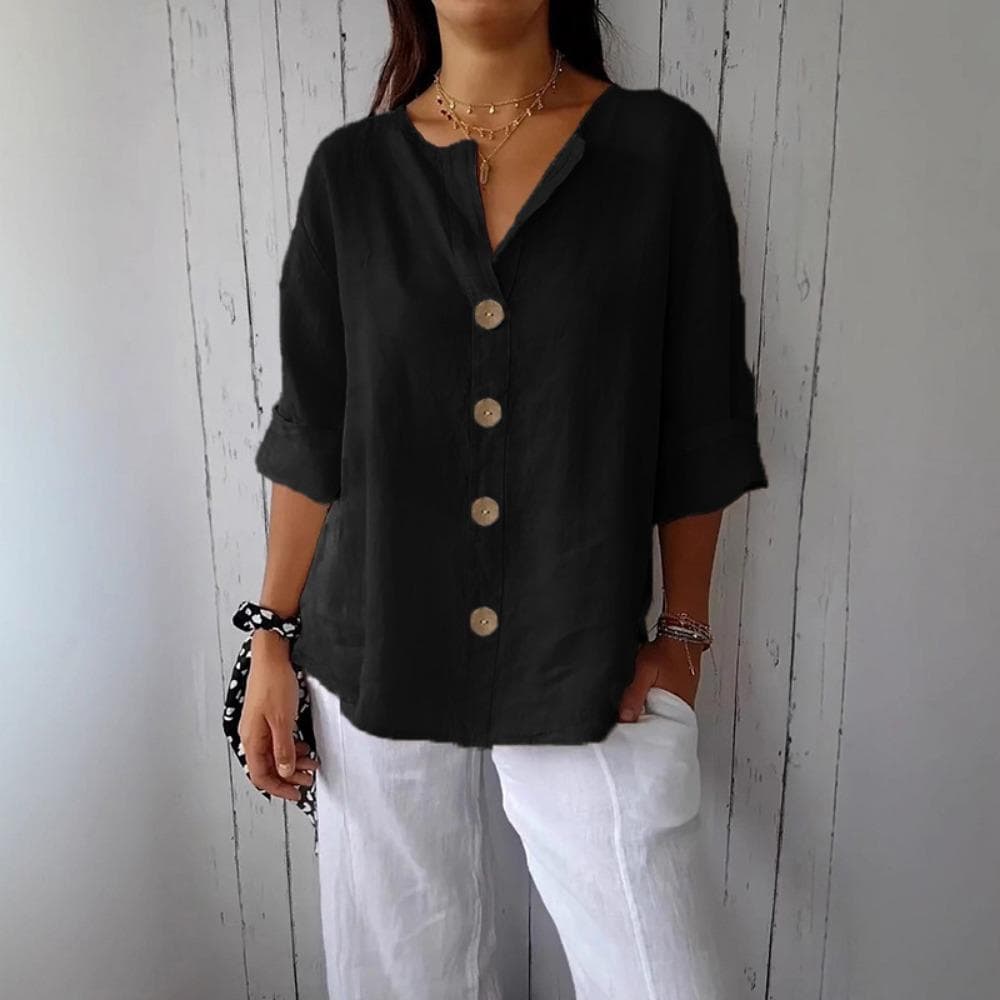 Plain Shirt for Women Women's Loose V Neck Three Quarter Sleeve T Shirt With Buttoned Classic Solid Color Commuting Tops S black