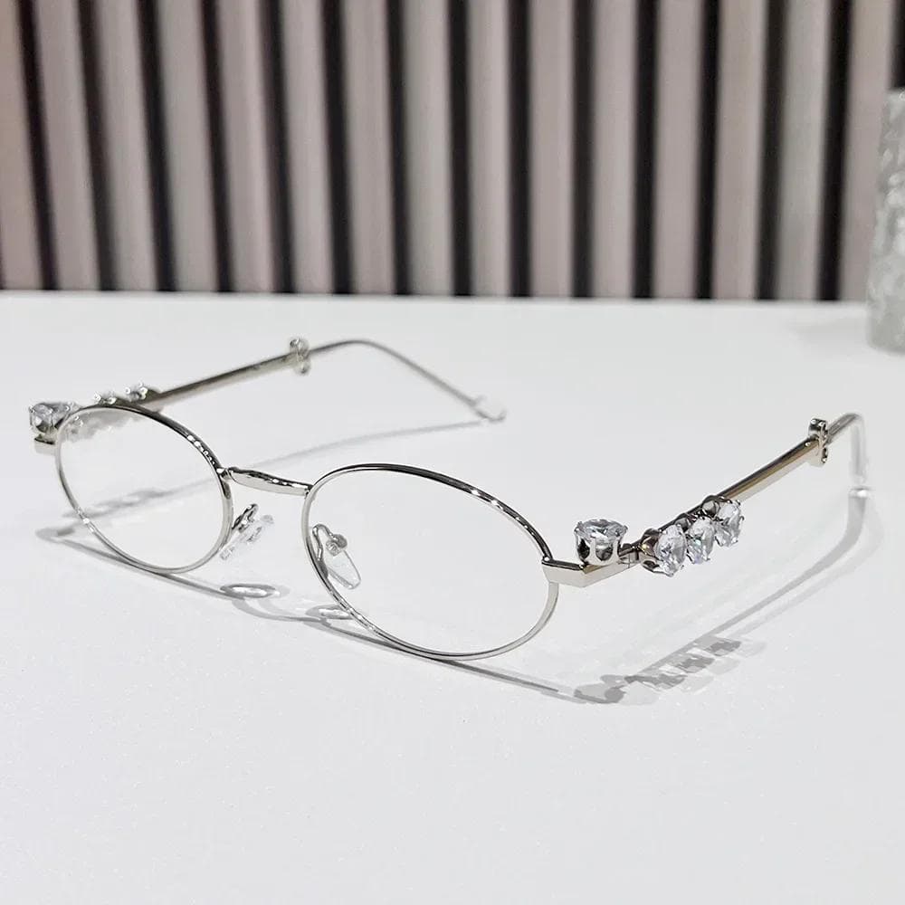 New Fashionable Metal Inlaid Diamond Elliptical Frame Women Sunglasses Retro Luxury UV400 Sunscreen Glasses As shown