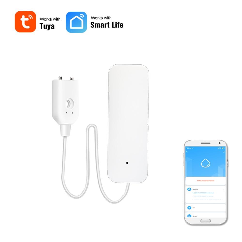 WIFI Water Leak Sensor Water Leakage Intrusion Detector Alert Water Level Overflow Alarm Tuya Smart battery not included white