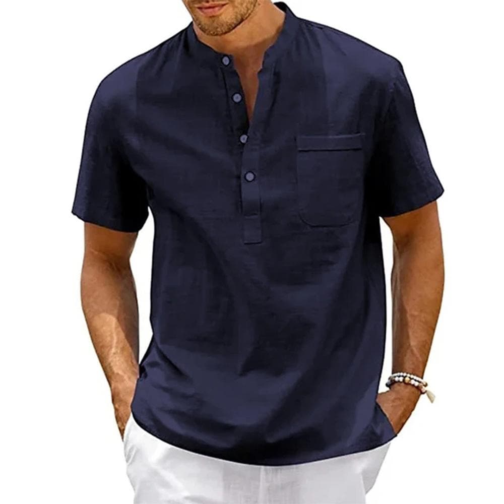 Summer Cotton Linen New Men's Short-Sleeved T-shirt Casual Men's T-shirt Shirt Male Pocket Breathable S-3XL XXXL navy blue
