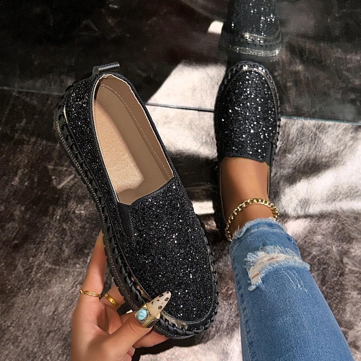Casual Large Size Sequins Casual Women'S Shoes Comfortable To Wear Outside Thick-Soled Wind Single Shoes Women 38 black