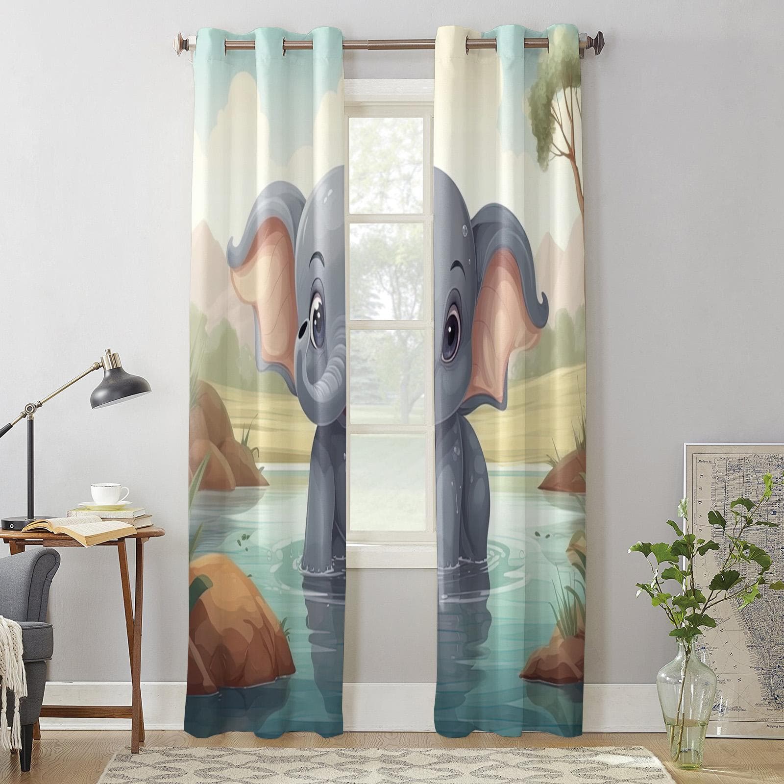 Elephant Pool Reflection Curtains for Bedroom Living Room Window Curtain Treatments Blinds Kitchen Home Decor Drapes 135W x 60H(cm) x1