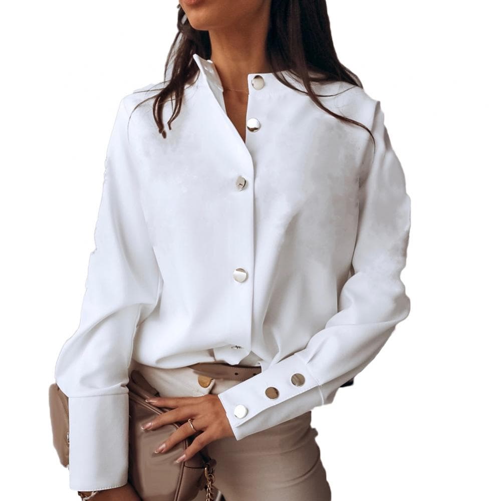 Office Lady Solid Color Stand Collar Long Sleeve Blouse Buttons Down Cuff Shirt XXXL white