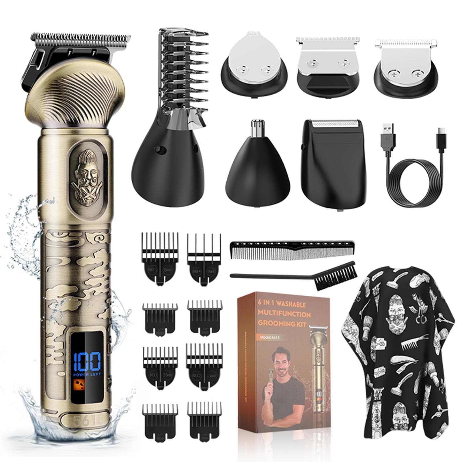 6-IN-1 Men s Hair Clipper Set Electric Body Hair Trimmer Beard Shaver Nose Trimmer Haircut Kit gold