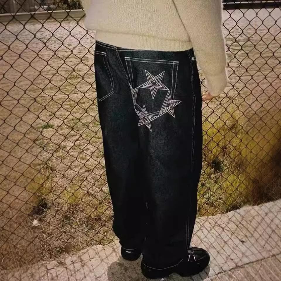 Pants High Street Hip Hop Star Printed Jeans Men's Design Sense Straight Loose Wide Legs Casual Pants XXXL black