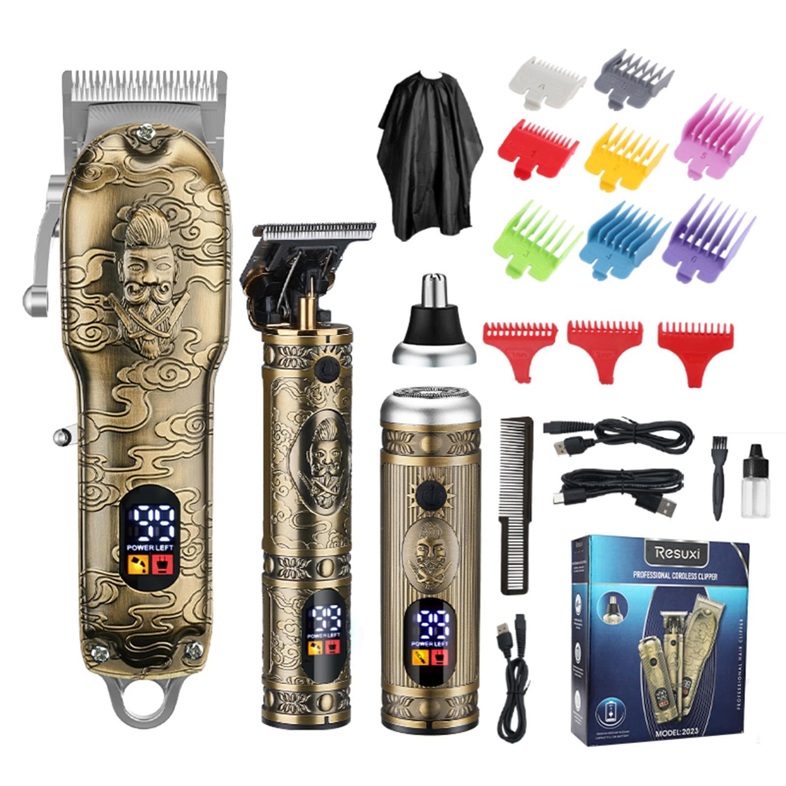 Resuxi Electric Hair Clippers Beard Grooming Kit LCD Digital Display Hair Nose Trimmer Retro Oil bronze