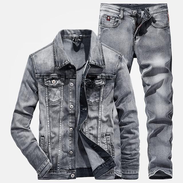 Men 2 Piece Sets New Simple Spring Autumn Smoky Gray Long Sleeve Denim Jacket +Jeans Fashion Slim Couple Denim Suit Ropa Hombre L