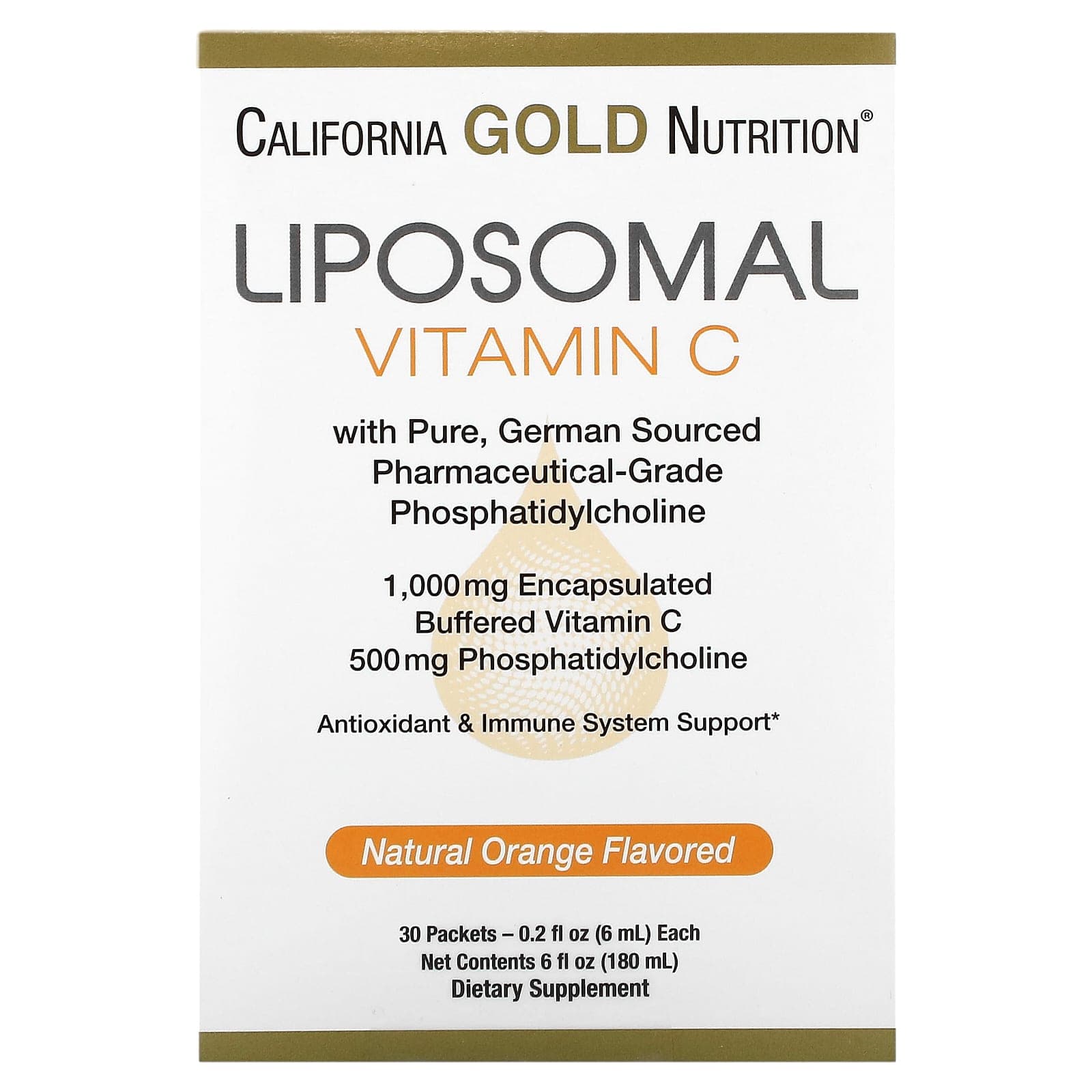 California Gold Nutrition, Liposomal Vitamin C, Orange Flavor, 1,000 mg, 30 Packets, 0.2 fl oz (6 ml) per pack