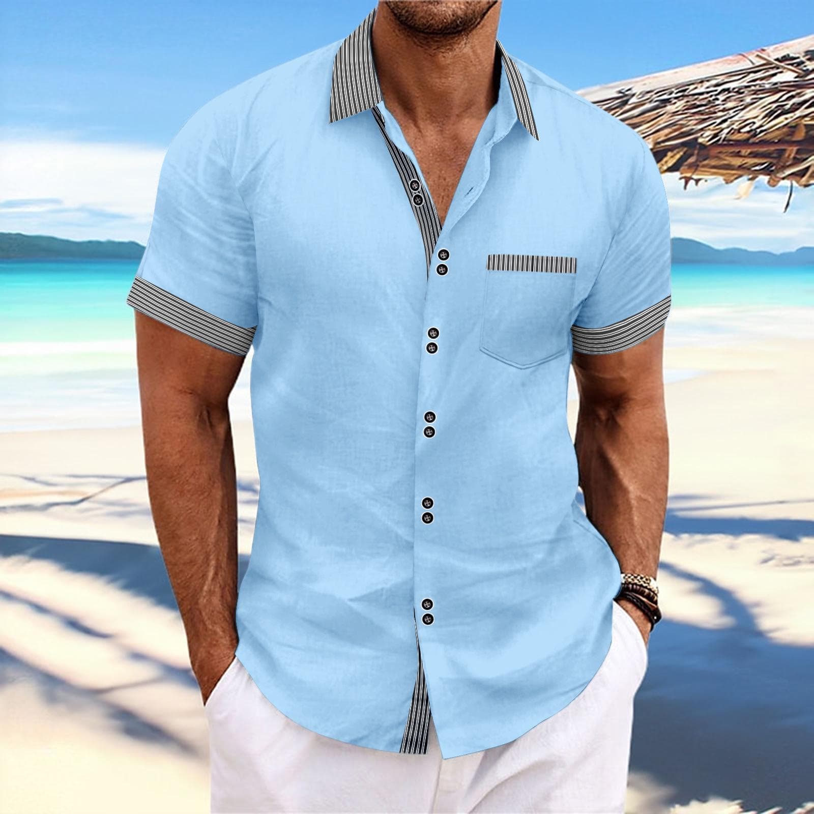 Men's 2024 Summer Fashion Striped Slim Fit Double-Button Business Casual Short-Sleeve Shirt XL light blue