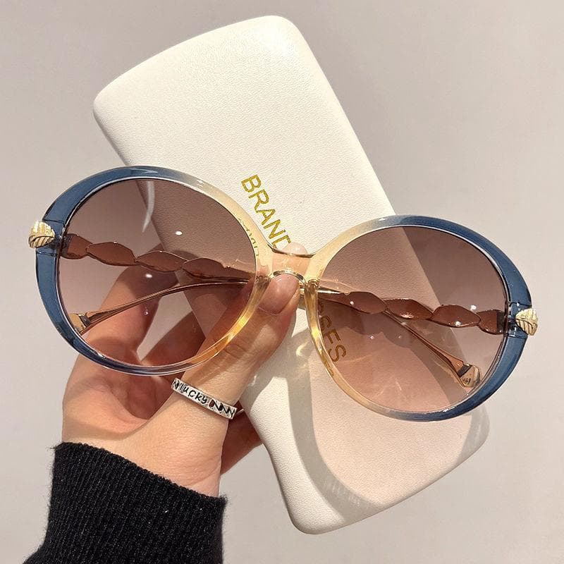Vintage Luxury Designer Sunglasses Women Men Big Frame Oval Round Shades Metal Leaf Leg Trendy Sun Glasses