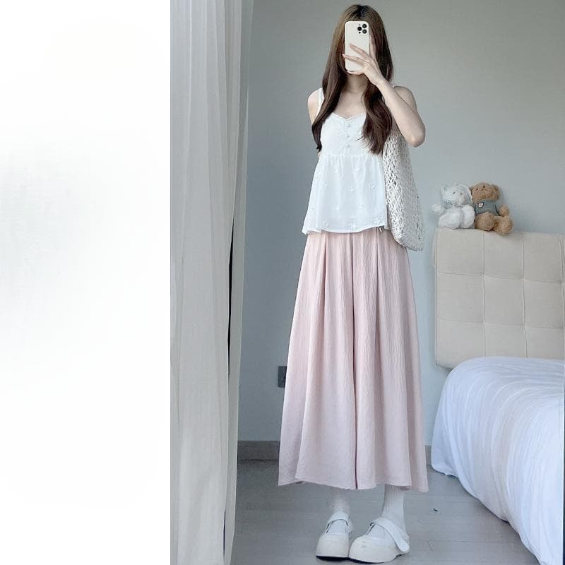 White Ice Silk Wide-leg Pants for Women In Spring and Summer New High-waist Loose Drape and Casual Yamamoto Skirt Pants L