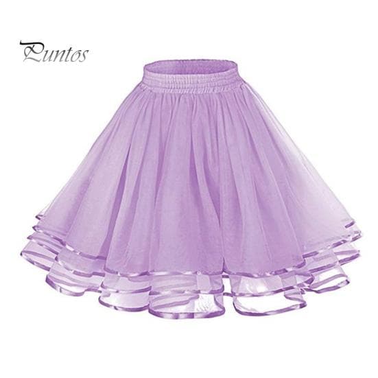 Mesh Tulle Skirt with Elastic Waistband Solid Color Three-Layered Princess Skirt Cosplay Weddings Parties Knee-Length Skirt light purple