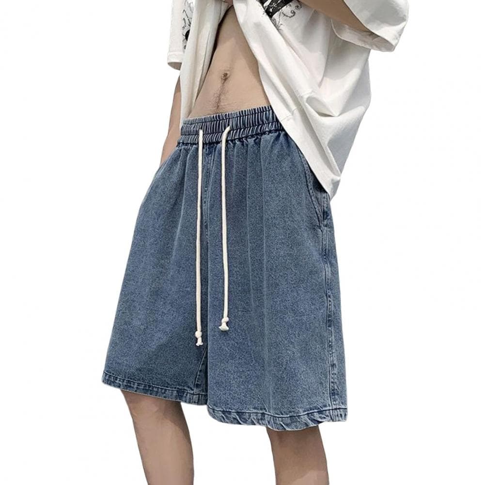 Men Denim Shorts Elastic Waistband Adjustable Drawstring Casual Shorts Loose Fit Wide Leg Thin Washed Shorts M blue