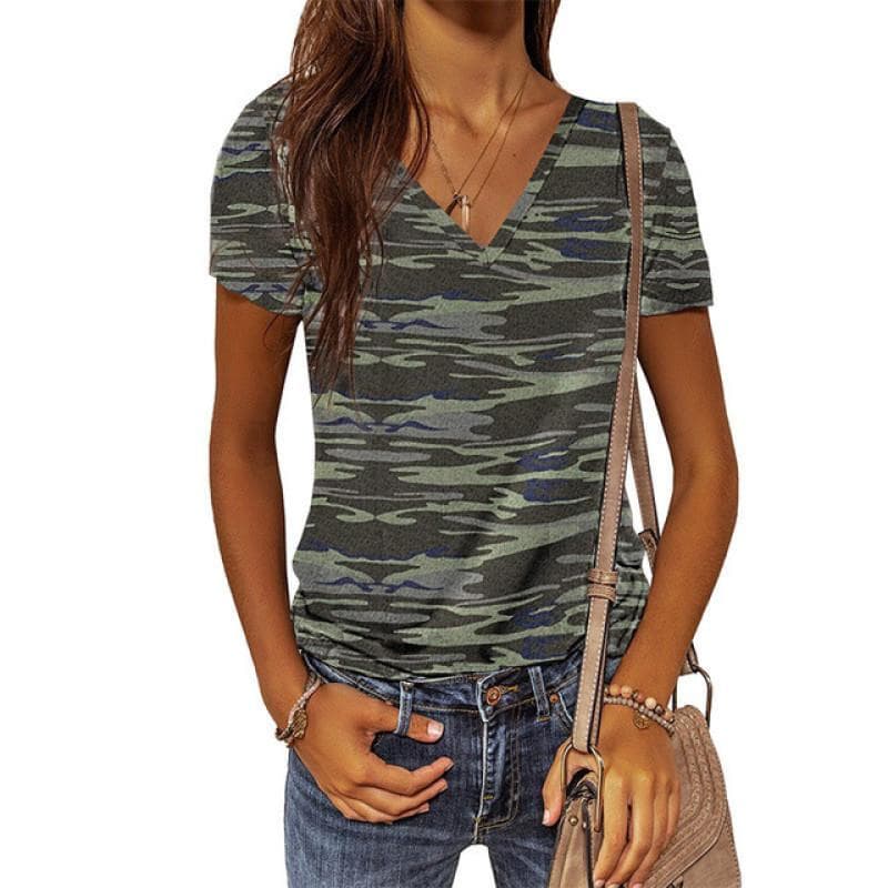 Summer Women's T-shirt Camouflage V-neck T Shirt Ladies Fashion Short Sleeve Tops Retro Streetwear Fashion Clothes Female Casual M