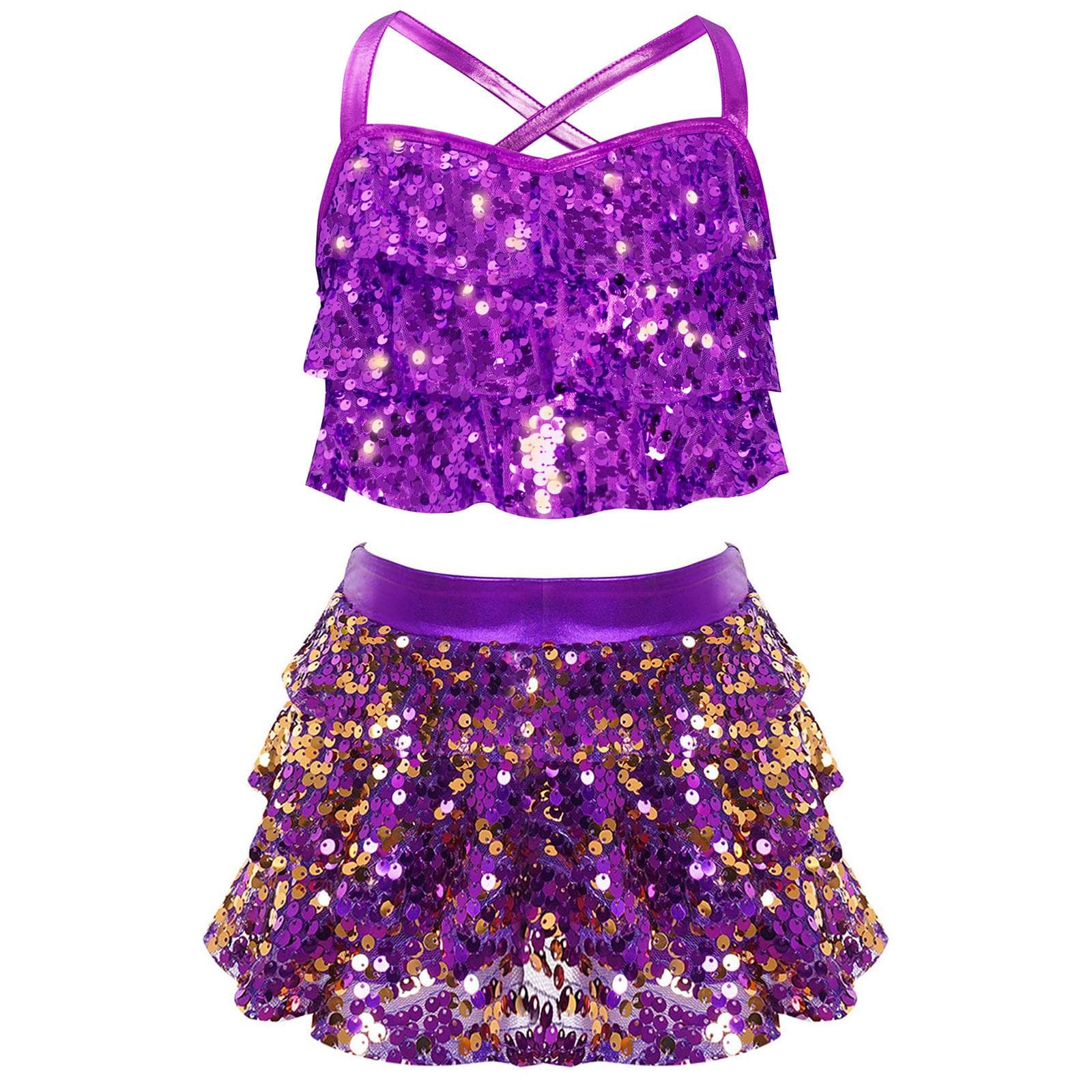 Girls Jazz Dance Outfit Glittery Tiered Ruffle Crop Top Metallic Culottes for Stage Performances 13-14 Years purple