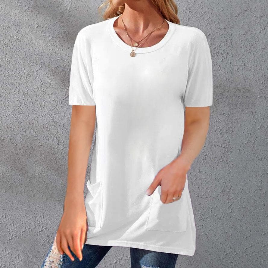 Summer Women's T-shirt Solid Color Tops Short Sleeve Loose Crew Neck Pocket T-shirt L white