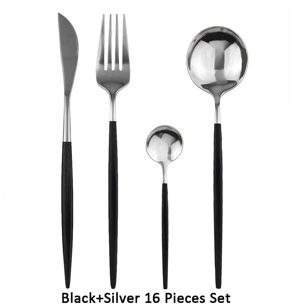16Pcs Black Cutlery Set 18/0 Stainless Steel Dinnerware Set Kitchen Gold Tableware Set Knife Fork Spoon Flatware 16pcs silver/black