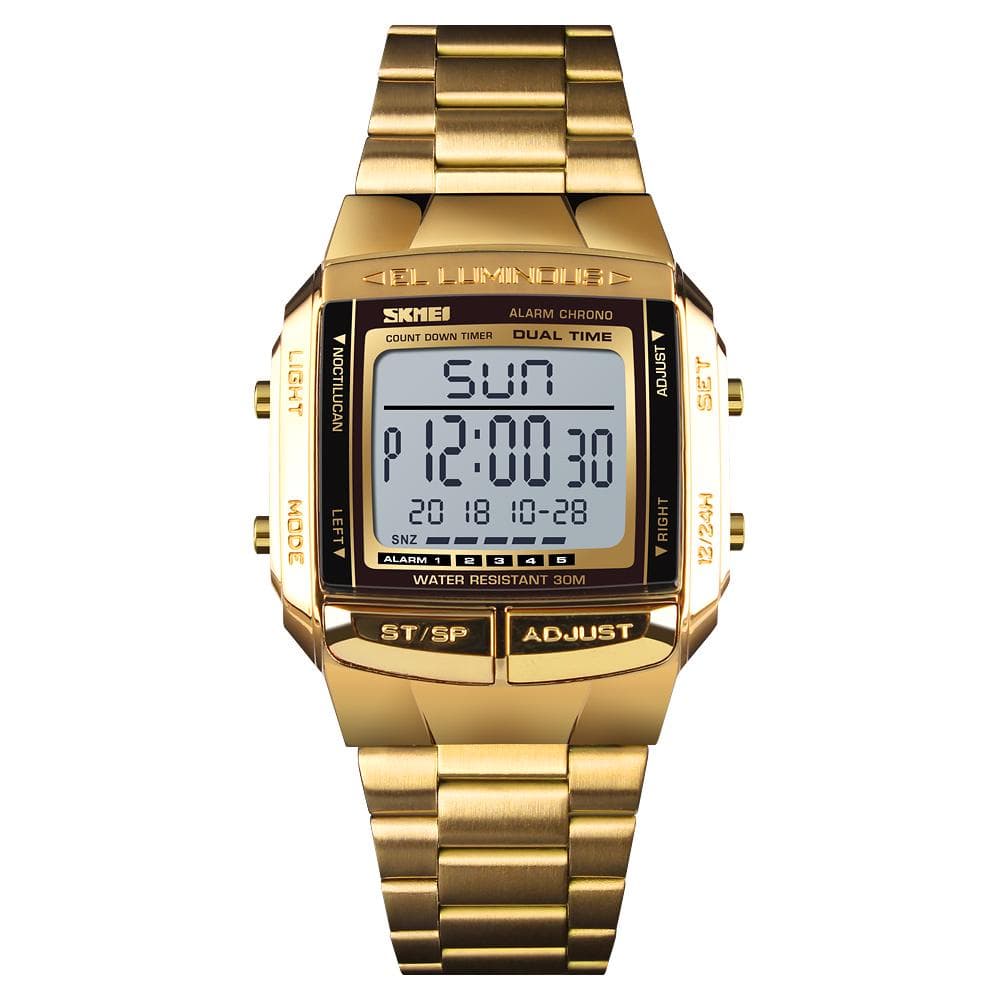 SKMEI 1381 Men Analog Digital Watch Fashion Casual Sports Wristwatch 2 Time 5 Alarm 3ATM Waterproof Stainless Steel Strap gold