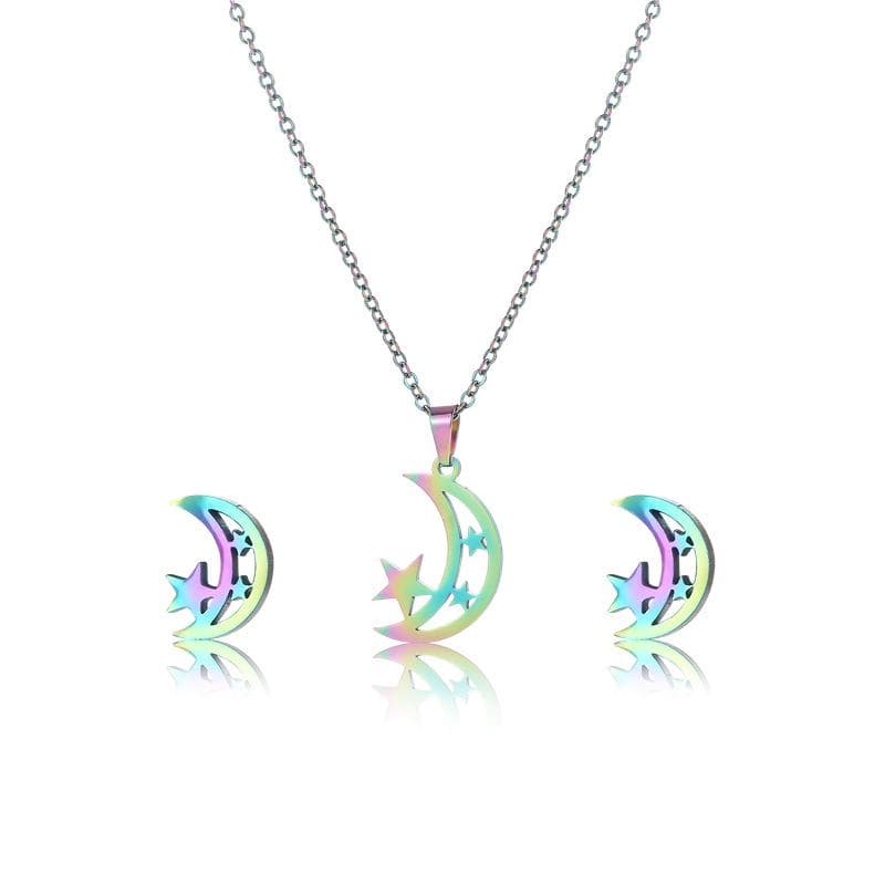 RUI RUI YU High Quality Stainless Steel Jewelry Set Colorful Star Moon Necklaces Earrings for Women Kids Romantic Night Star Studs
