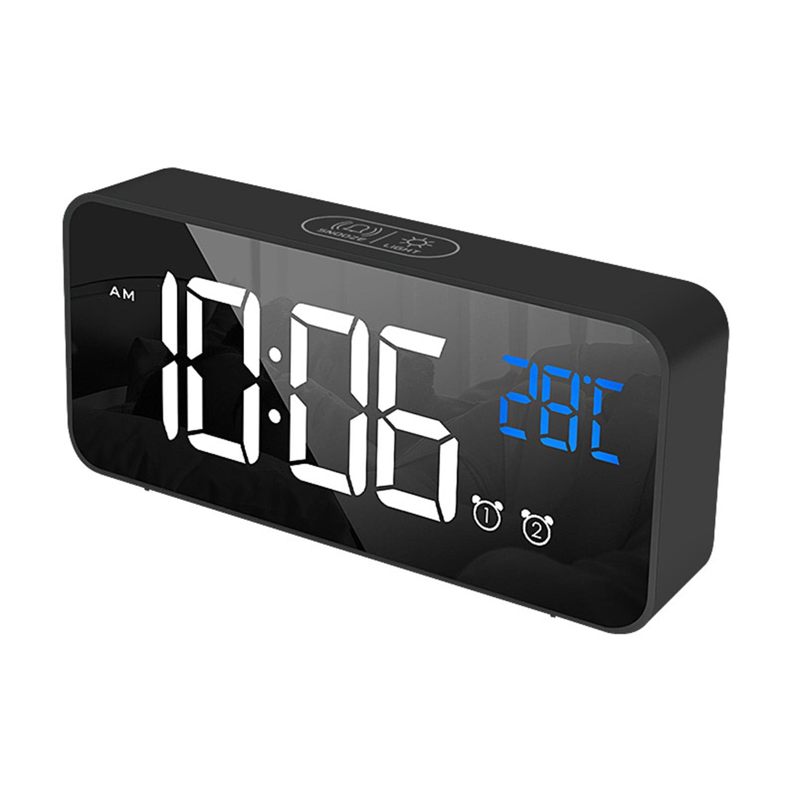 LED Alarm Electric Clock Multifunctional Exquisite Mirrored Surface Silent Bedside Clock for Home black