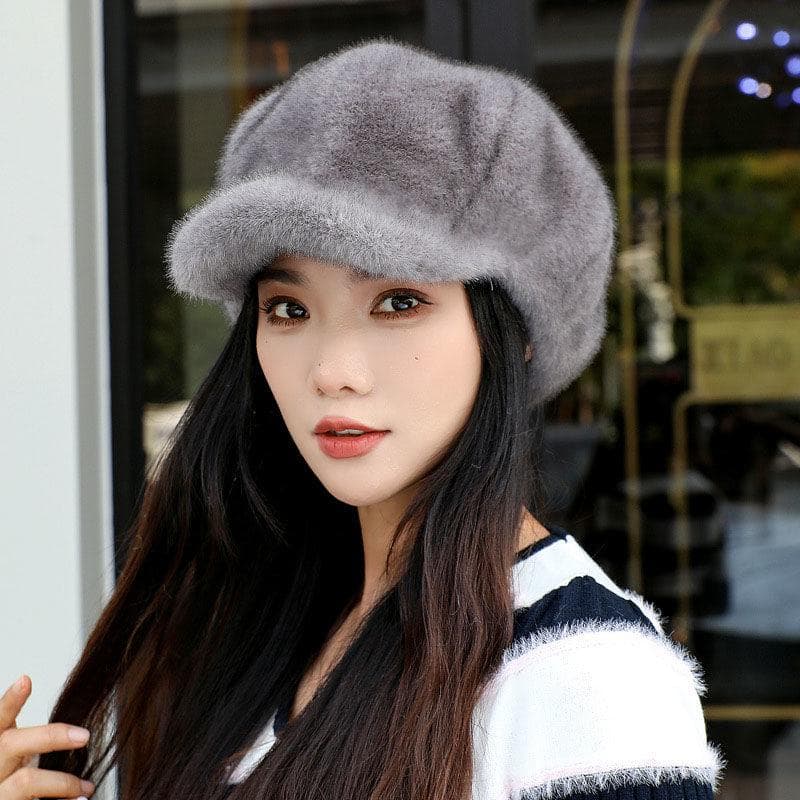 Autumn and Winter Hat with Thickened Mink Fur and Warm Toe Cap Ear Protection Octagonal Hat Fashionable and Versatile Casual Hat