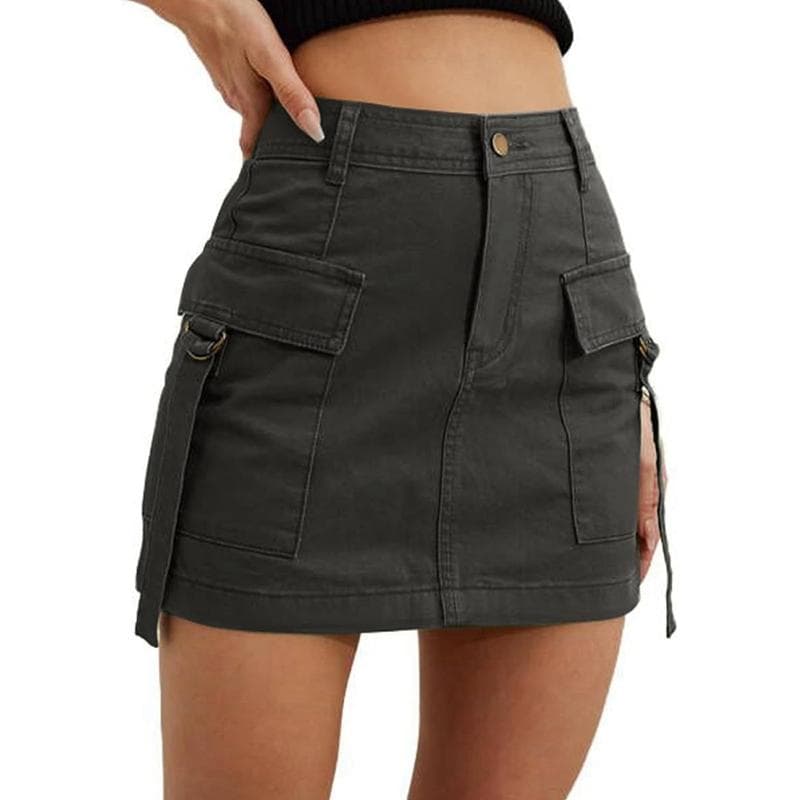 Low Waist Skirts Womens Button Pockets Mini Skirt Ladies Bodycon Faldas Jupe Femme XS black