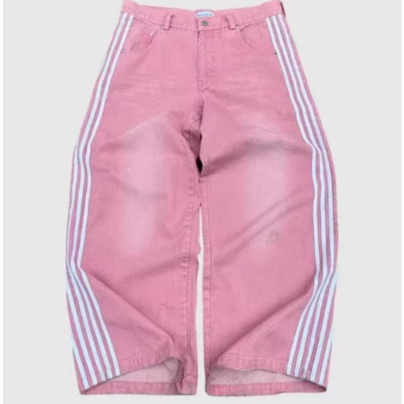 Retro Harajuku Personalized Street Jeans Striped Design Straight Wide-leg Pants Loose Casual Pants 2XL pink