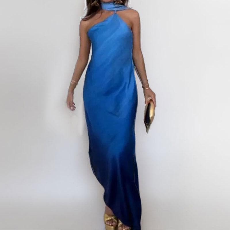 Women's New Temperament, Elegant and Fashionable High-waist Solid Color Side-shoulder Sleeveless Dress 3XL blue