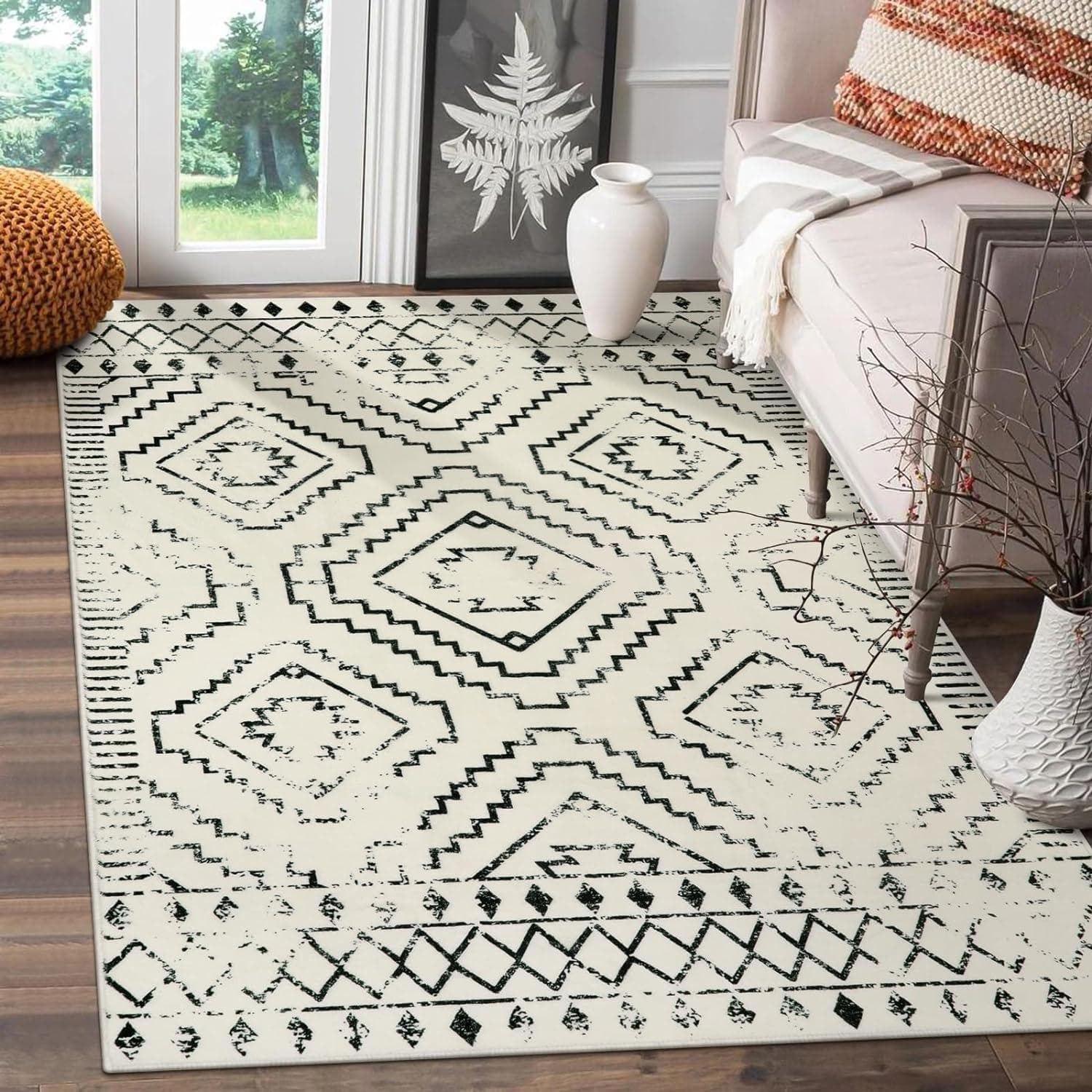 Moroccan Style Carpet for Living Room Retro Washable Farmhouse Bedroom Black Boho Non-Slip Floor Mat Soft Rug for Kitchen Entry 40x60cm