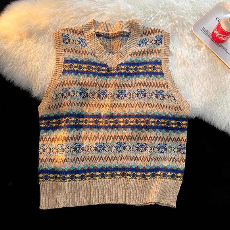 Men's Retro V-Neck Knitted Vest - Japanese Spring Style, Loose Fit 2XL khaki