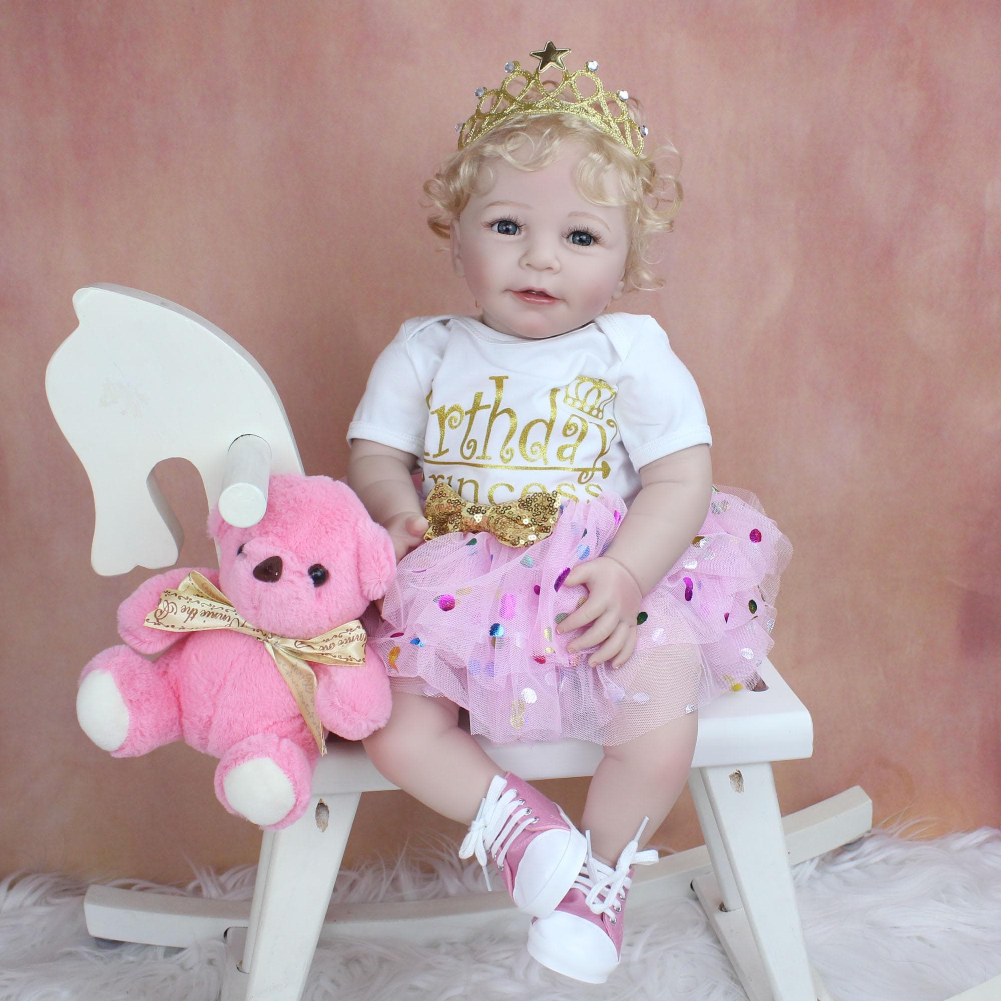 BZDOLL 55CM Soft Silicone Baby Reborn Doll Toy Lifelike For Girl Cloth Body Realistic 22 Inch Blonde Hair Toddler Princess Bebe 55cm 3D-paint Skin Doll