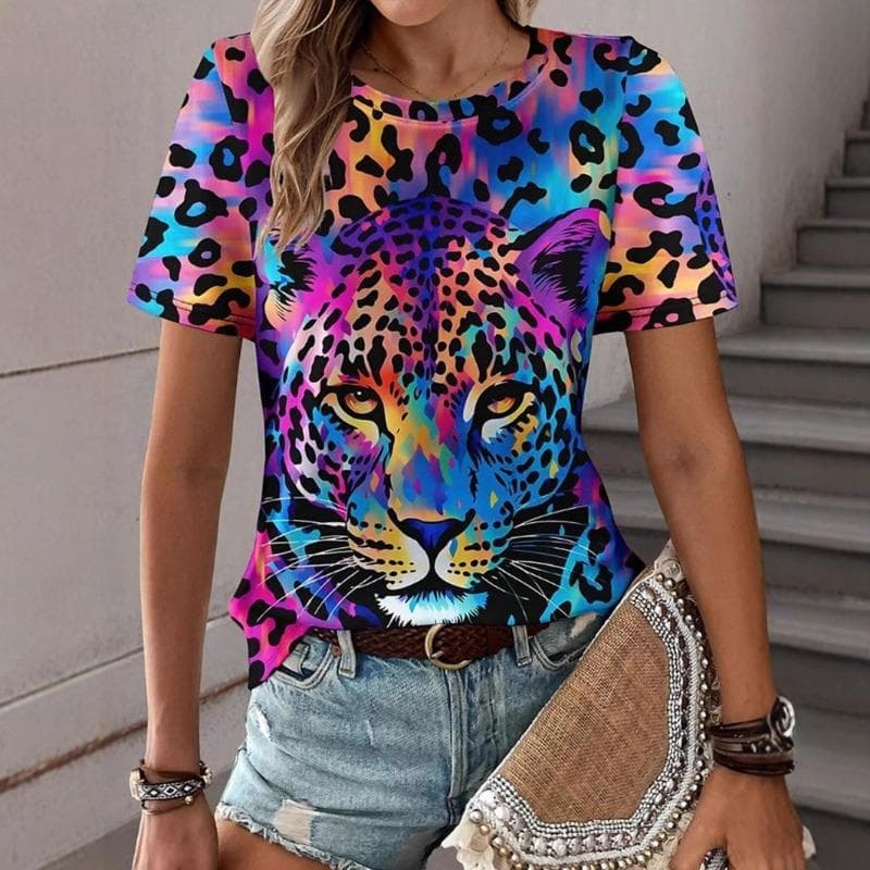 Summer Tiger Animal 3D Printed T-shirt Fashion Retro Women's Short Sleeve Top Clothing Shirt 6XL