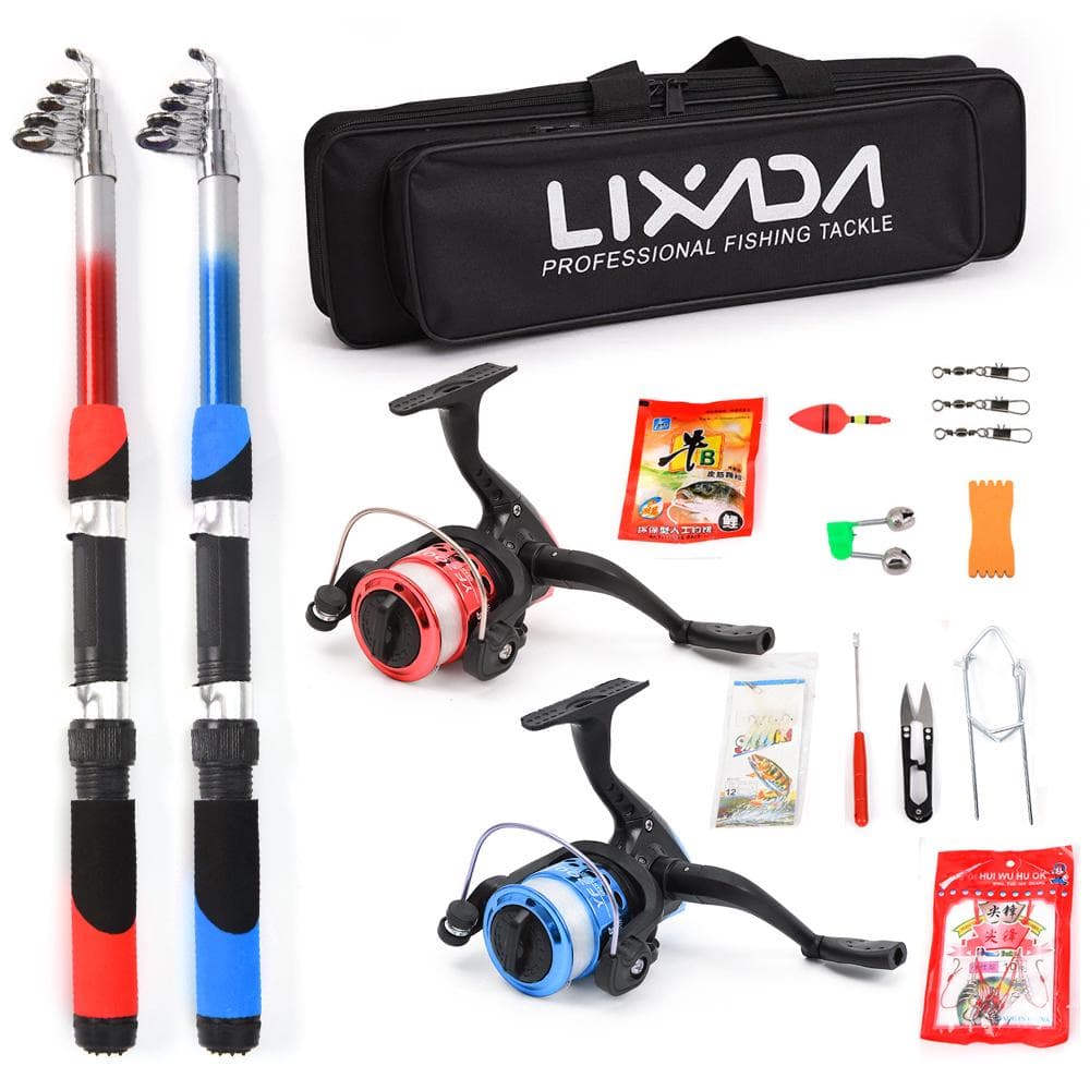 Lixada Fishing Rod Reel Combo Full Kit with 2PCS 2.1m Telescopic Fishing Rods 2PCS Spinning Reels Blue & Red