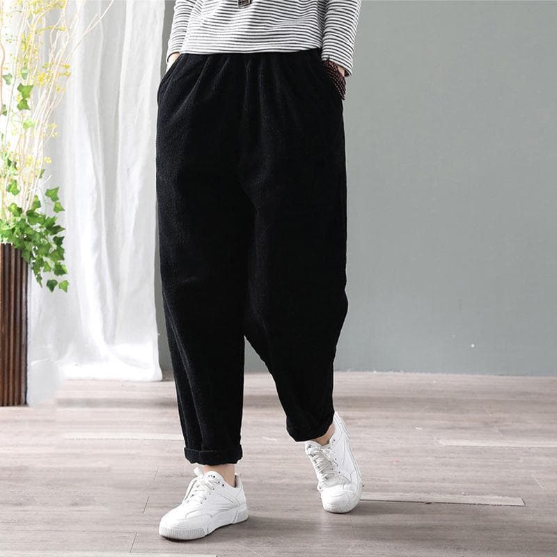 Women Pants Elastic Waist Corduroy Harem Pant Loose Solid Pockets Oversize Streetwear Trousers L black
