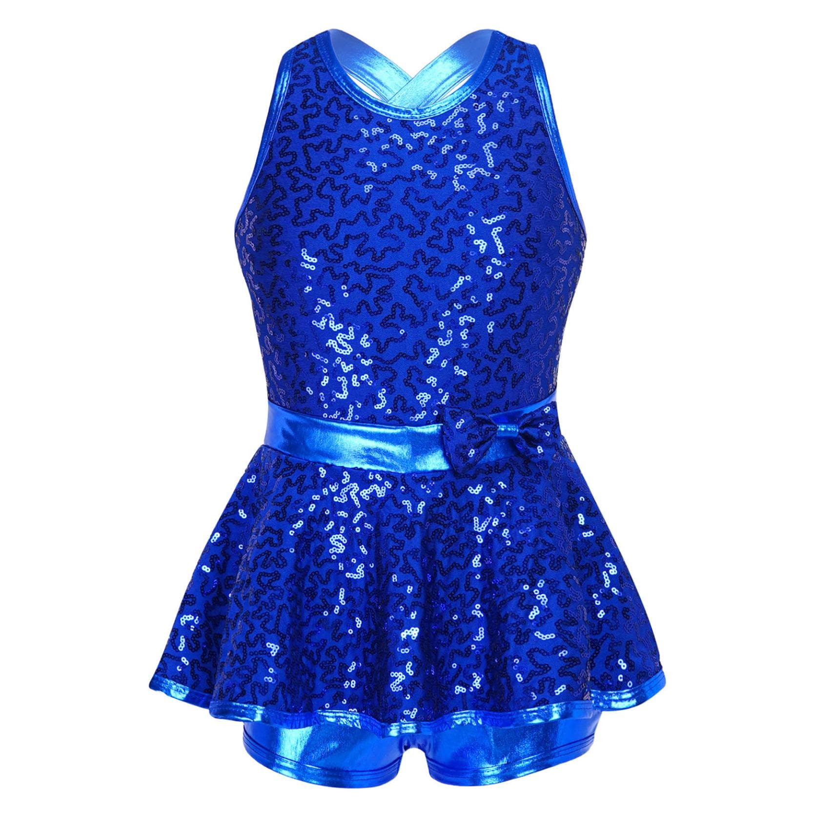 Girls' Kids Sequin Ballet Jazz Modern Tap Dress Dance wear Performance Costume Criss Cross Back Leotard Shorts 14-16 Years royal blue