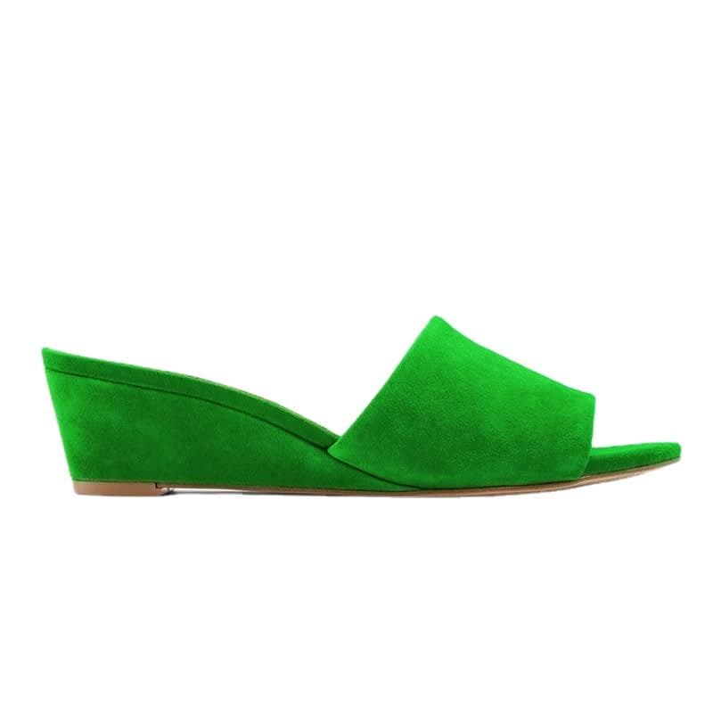 LOSLANDIFEN Women Slippers Elegant Summer 3cm Velvet Mules Wedge Sandals Slippers Open Toe High Heels Casual Dress Woman Shoes 38 green