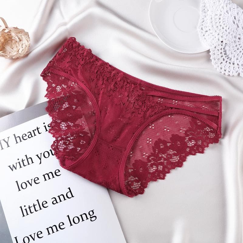 Women Panties Floral Lace Charming Briefs Lingerie Underwear Women Beauty Hip Pants Bragas Tanga XL wine red