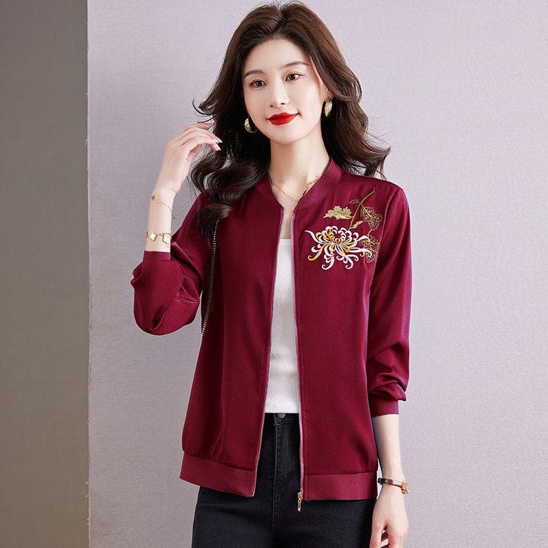 High-grade Embroidery Simulation Silk Short Jacket, Fashion Loose Mom Jacket, Spring and Fall New Embroidery Jacket 4XL 141-75kg burgundy
