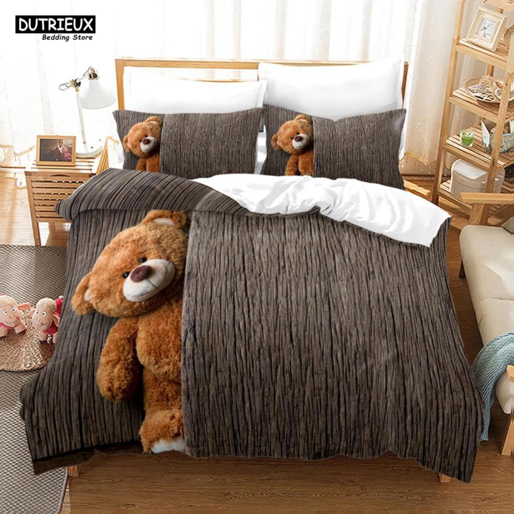 3D Teddy Bear Bedding Set White Polar Bear Bed Linen Teens Women Single Twin Queen King Full Size Duvet Cover 2/3pcs Bedclothes US Full(200x230cm)