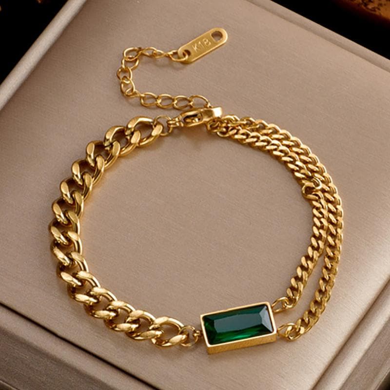 Foxanry 316L Stainless Steel Green Zircon Bracelet For Women Vintage Creative Birthday Jewelry Accessories Gifts 18cm gold