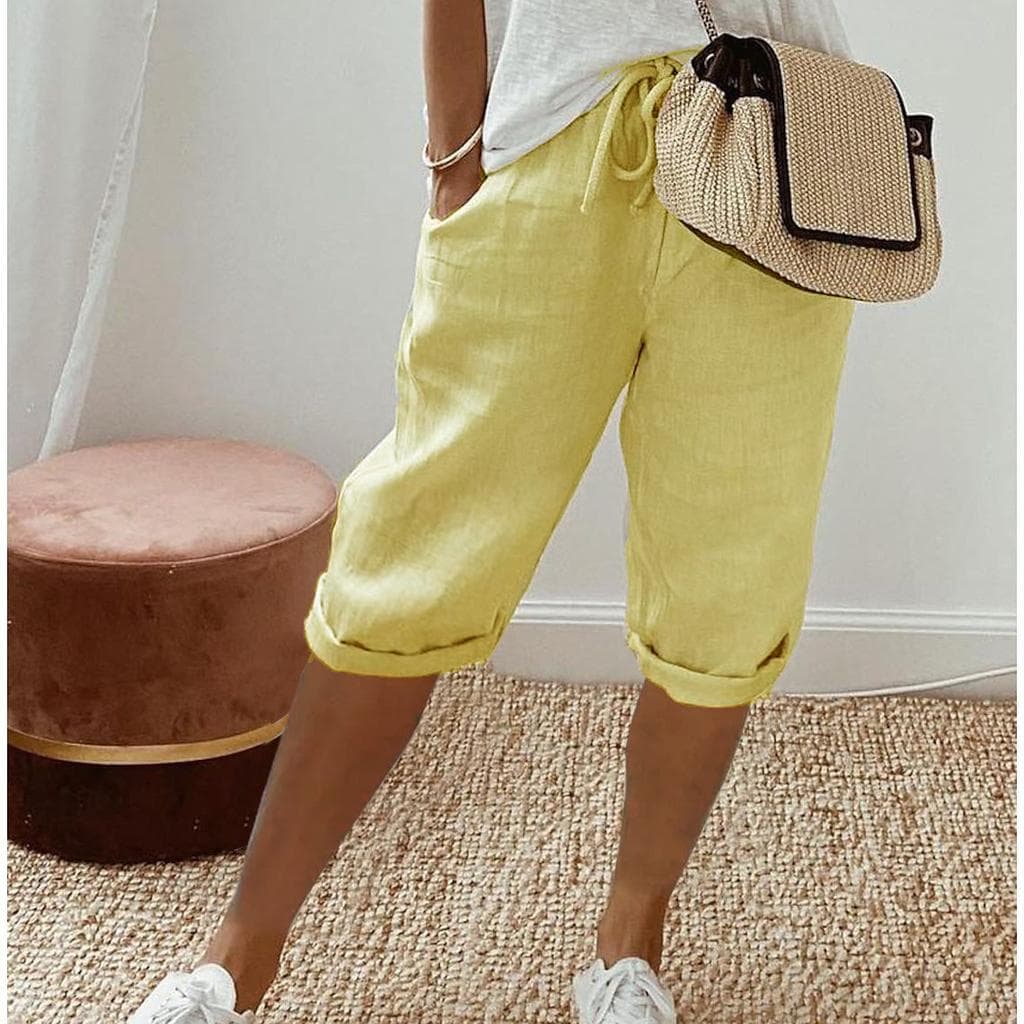 Women Shorts Vintage Style Knee-length Pants with Pockets for Women Breathable Elastic Waist Trousers Solid Colors Five Pants 2XL yellow