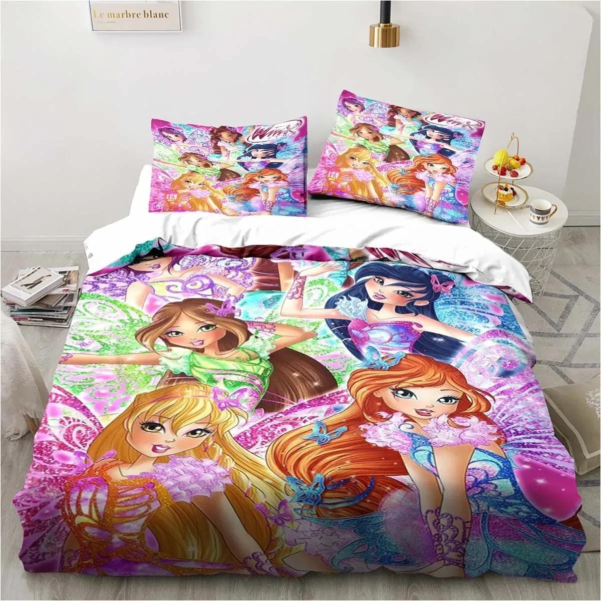 Kawaii Anime Winx Bedding Set Bed Three Piece Single Double King Size Bed Set Adult Children's Bedroom Duvet Cover Set Kids Gift AU Single 140x210cm