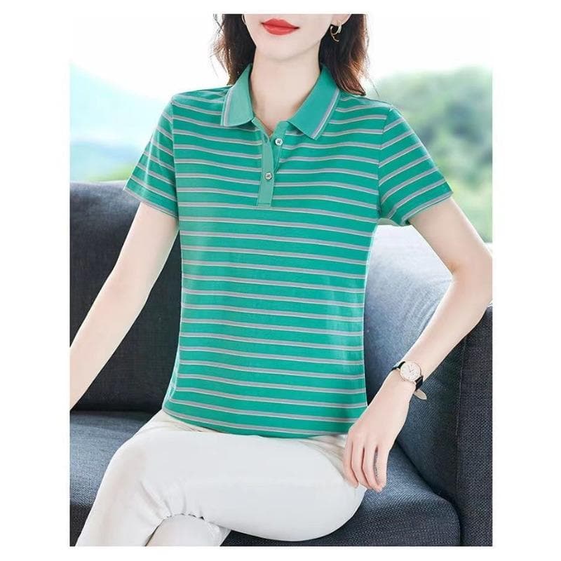 YYFS Women's Fashion Casual Summer Spring Stripe Print Short Sleeve POLO Neck Blouses & Shirts XL