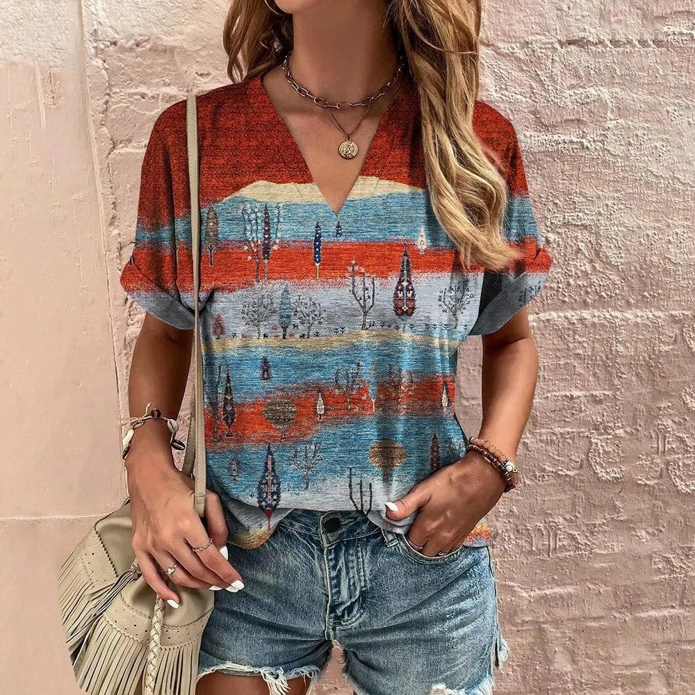 Retro Women's T-Shirt Summer V-Neck Short Sleeve Tee Casual Harajuku Stripe Print T Shirt for Women Streetwear Pullover Tops New 2XL