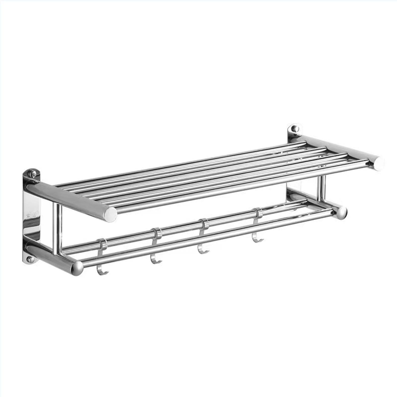 Bath Towel Rack Double Layered Bathroom Shelves with 4 Removable Hooks Wall Mounted Towel Holder 23 silver