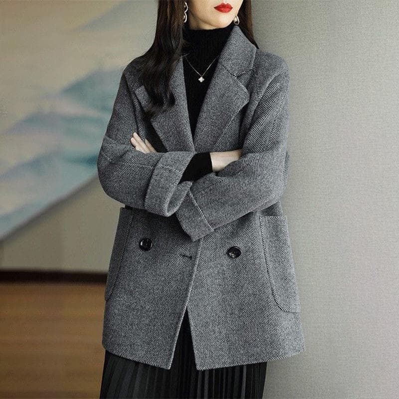 Suit Collar Temperament Woolen Women's Autumn and Winter New Herringbone Woolen Coat Loose and Thin Coat Versatile Small Man 4XL