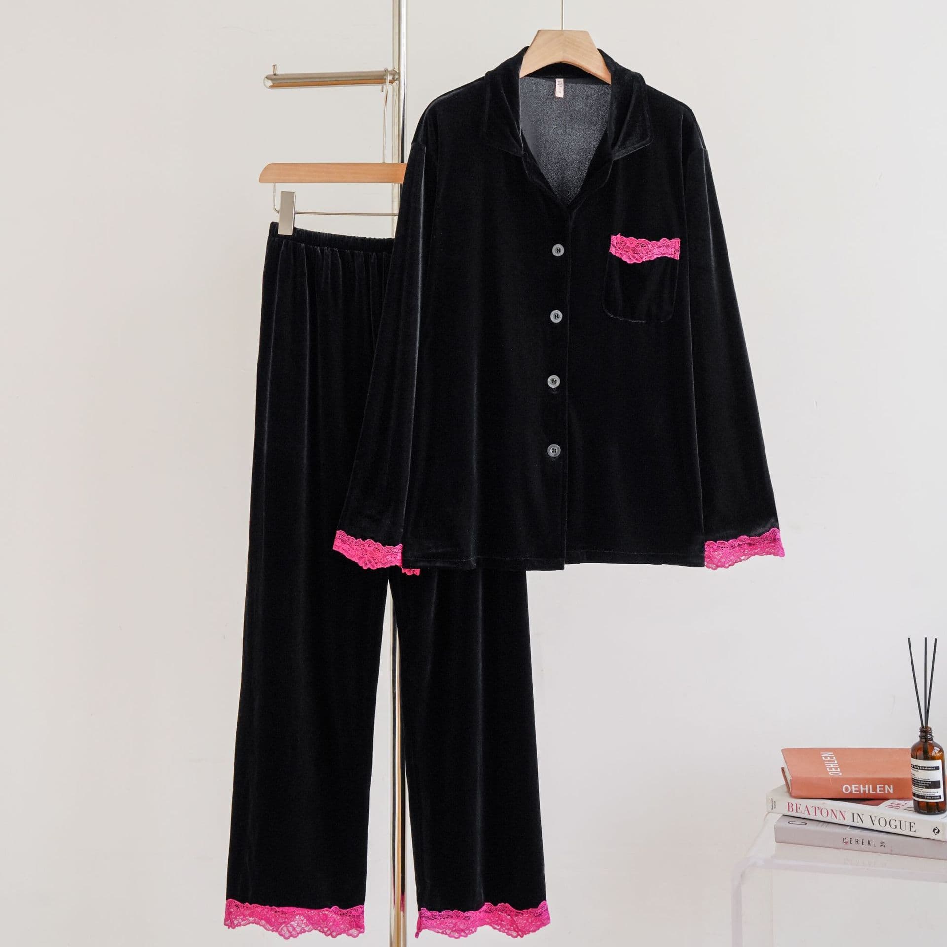 Long Sleeved Velvet Cardigan Trousers Pijamas Suit Lace Edges Sweet Lapel Home Wear Sleepwear Autumn Winter Lingerie Loungewear XL black
