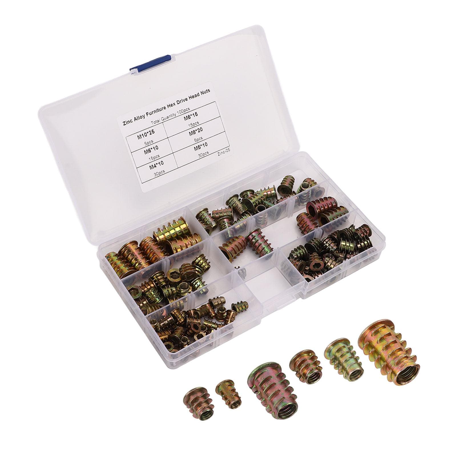 100Pcs Zinc Alloy Furniture Hex Drive Head Nuts Assortment Set with Storage Box High Hardness M4 M5