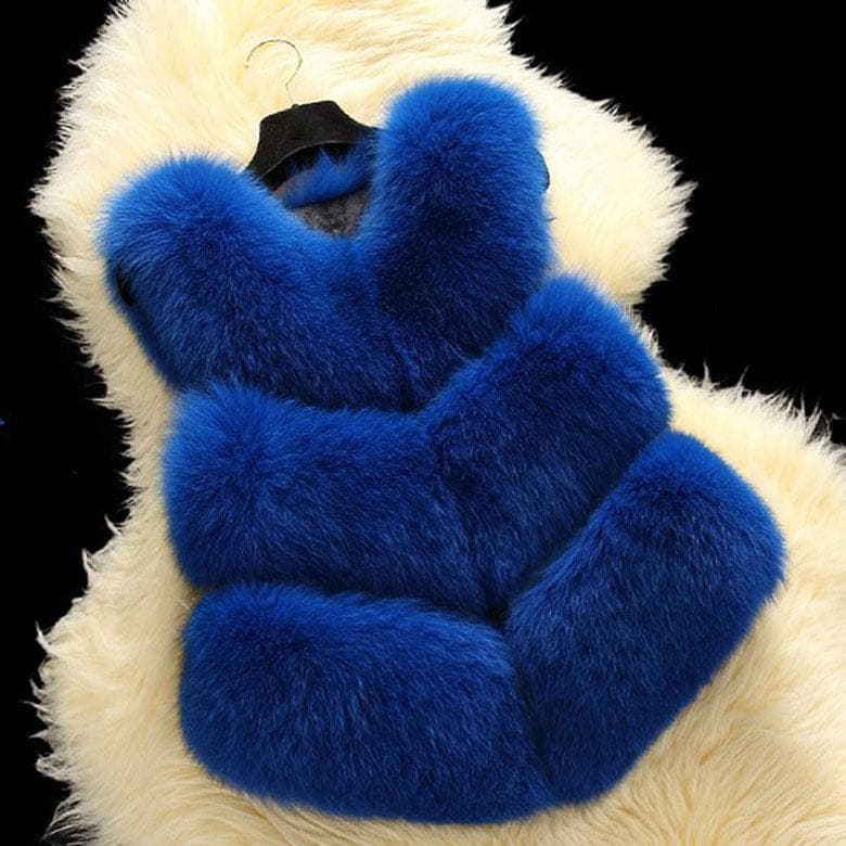 Autumn Winter Thick Warm Faux Fox Fur Vest Women High Quality Fashion V-Neck Short Fur Coat Female Fur Waistcoat XL royal blue