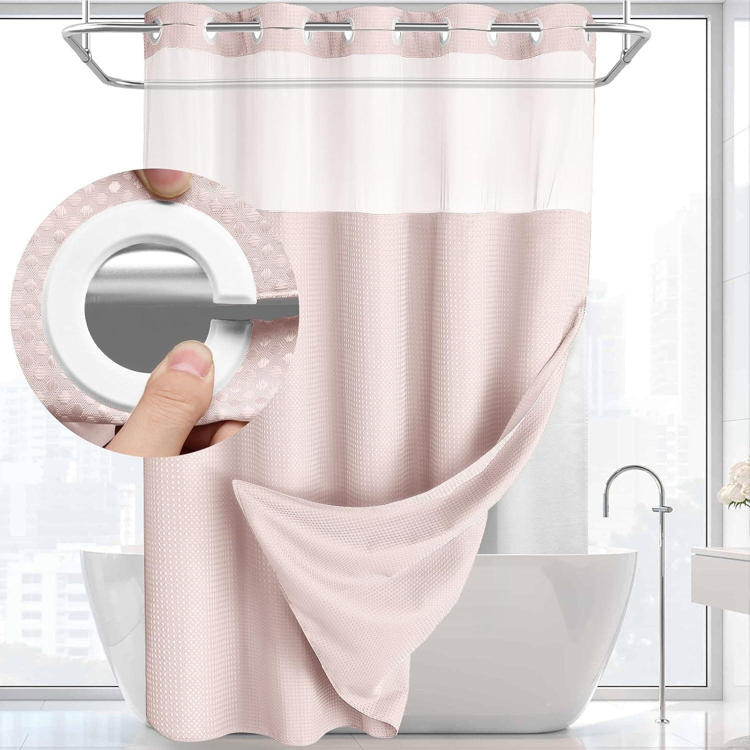 Hookless Shower Curtain Set Double (with Liner) Removable White Shower Curtain 183*190cm pink